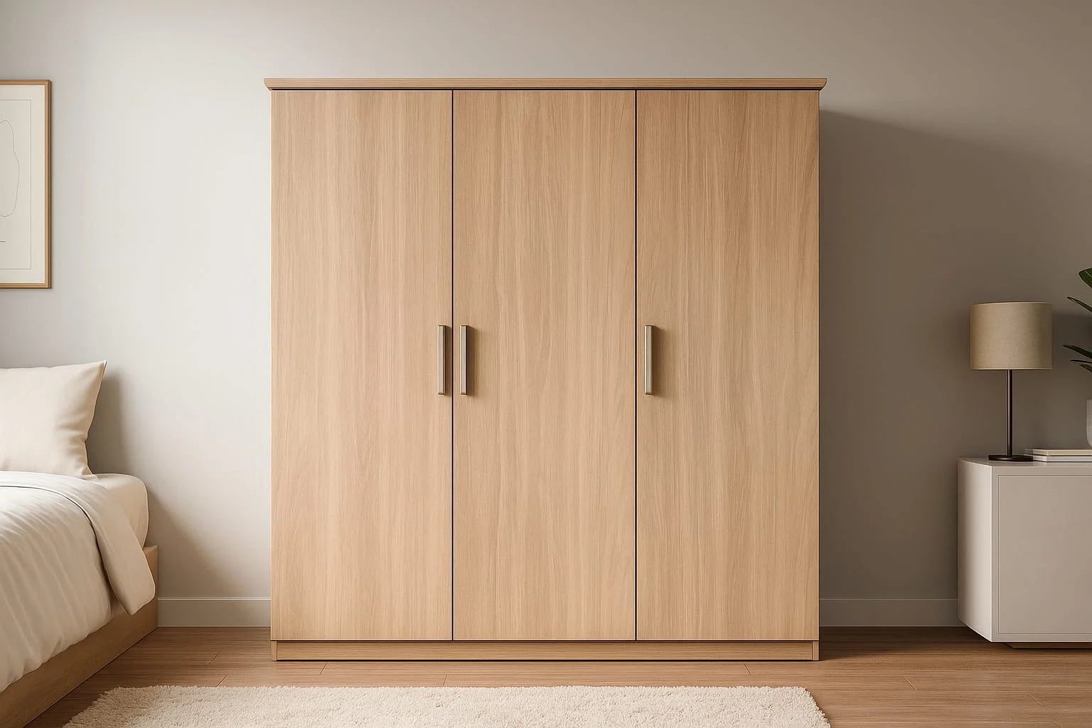 Minimalist Bedroom with Urban Teak colored 3-Door Wardrobe